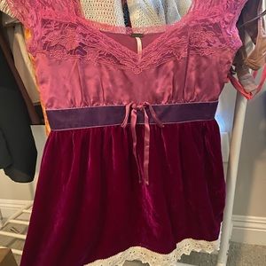 FREE PEOPLE Babydoll Empire Waist Satin and Lace Top